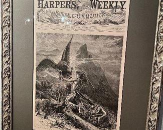 Framed antique engraving titled “A Battle in the Clouds”. Loose mounted using acid free materials. 