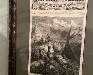 Antique engraving titled “Elk-Hunting in the Bad Lands of the Upper Missouri”. Loose mounted on acid free material. 