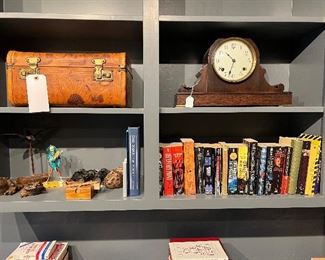 1940s/50s vintage Mexican tooled cosmetic train case, Sessions antique clock, Japanese carvings and toys