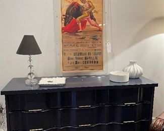 9 drawer dresser, lucite framed Spanish poster