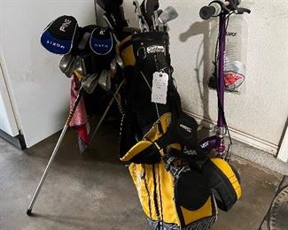Electric Razor scooter, full set of clubs (irons are Henry Griffits), juniors golf set with Ping irons