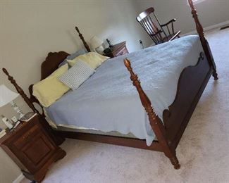 Queen bed and bedroom set, all by Sumter Furniture Co. Bed, 2 nightstands, 2 dressers and mirror. Head/footboard: $325. Mattress sold separately for $150. Nightstands: $50 each, as-is. Highboy dresser: $310. Long dresser: $285, with mirror, Chest: $ 110. Rocker: 55