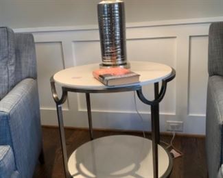 The Morello Round End Table with Faux Marble Top, made by Bernhardt. Width (inches): 28" W, Depth 28", Height (inches): 26.5" H