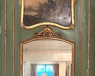 Large Trumeau Mirror in Chippy Green Paint with Gilt Accents