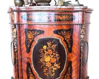 French Serpentine Front Chest with Dutch Marquetry, Chestnut Wood, Ormolu Mounts, Ebonized Inserts, & Marble Top