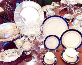 Royal Worcester Bone China "Regency" Cobalt Dinner Service,
Tiffin Franciscan "Fernwood" Iced Teas & Wine Stems,
& 
a Wonderful Collection of Sterling Silver and Silver-plate