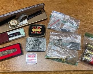 Winchester Olin Items- Watches, Pocket Knife, Belt Buckles, Pins, etc.