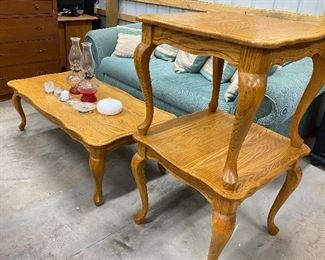 Matching Coffee Table and End Tables; Oil Lamps
