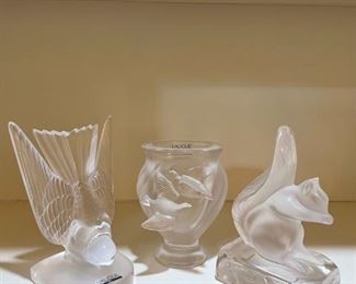 Lalique Swallow Bookend, Lalique "Rosins Birds" Vase, and Lalique Squirrel