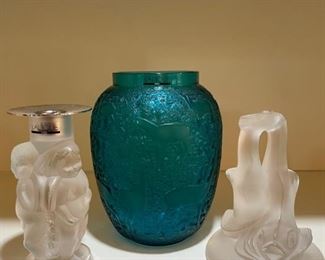 Lalique Blue "Biches" Vase, Lalique Cherubs Candlestick, and Lalique Double Koi Fish