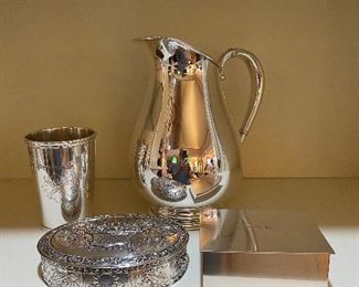 Engraved Tiffany Sterling Julip Cup, Sterling “Royal Danish” Pitcher, .800 Silver Repousse Box, and Monogrammed Tiffany Sterling Cigarette Box