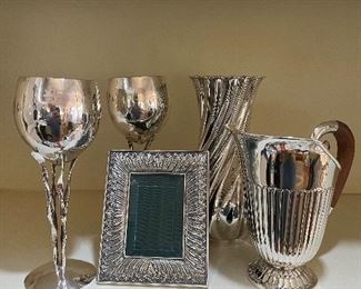 Pair of DeWitt Sterling Goblets, Mazzucato Sterling Vase, Argentina Sterling Pitcher, and Buccelati Sterling Frame