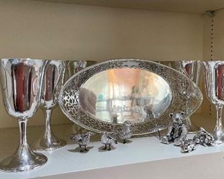 Buccellati Sterling Pierced Rim Dish and Birds, with Sterling Goblets and Animals