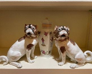 Pair of Dresden Porcelain Pugs and a Mottahedeh Covered Urn