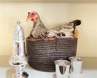 Crichton Sterling Muffiner, Taxidermy Chicken in Basket, and Pair of Sterling Cups 