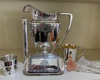 Gorham Sterling “Stoplight” Jigger, Reed & Barton Sterling Cigar Holder, Whiting Sterling Pitcher, Sterling Cup, Sterling Gianni Versace Eyeglass Case, and 2 Rosenthal Crystal Versace Stoppers