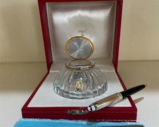 Cartier Inkwell with Box, Mont Blanc Sterling Ballpoint Pen, and a Peretti Pen for Tiffany & Co.