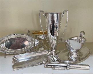 Tiffany Sterling Dish, Sterling Crumber, Sterling Trophy Vase, Sterling Gravy Boat Attached Tray, and Sterling Cigar Holder