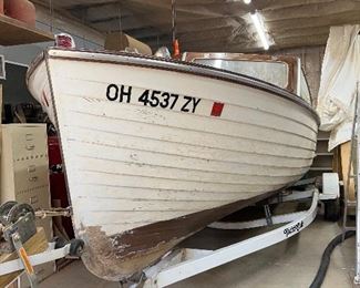 1959 Lyman 18’ Pleasure Outboard with Two Evenrude motors and trailer. HIN 01798 There is plenty of wood and parts to finish the restoration of this Historic Watercraft.