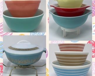 Clockwise from upper left: US "Carnival" Pyrex Mixing Bowls, JAJ Carnival bowls with cinderella style pouring handles, Hard to find Glasbake casserole dish and cradle, and Pyrex "Rainbow Stripe" Mixing Bowl Set.