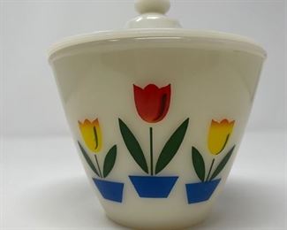Fire King Tulips grease jar with lid