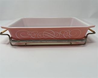 Pyrex Pink Scroll Space Saver with cradle