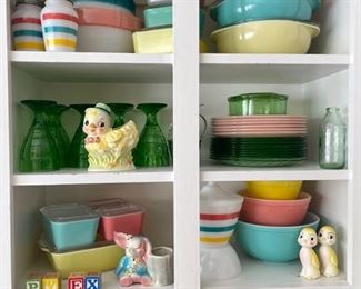 Cake plates, jadeite, Pyrex, Fire King, Planters, Depression Glass, and numerous other pieces!!