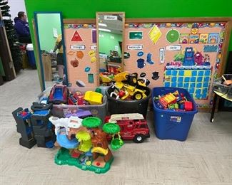 LARGE trucks. HUGE SELECTION of cars of all sizes. Bulletin board for classrooms and front entrance of a business. Large stand up mirror- full size. Lots of bins.