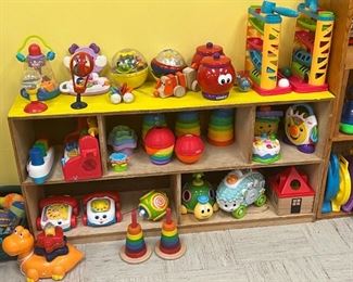 Baby and toddler toys, stackers, shape sorter, pull toys, music toys, tray toys, ball race, cookie sorter