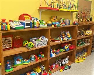 HUGE SELECTION of baby and toddler toys. LARGE bead sets. Wooden and plastic. Pull toys and push toys. Cash register.