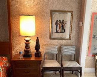 1970's ceramic pair of lamps, obleisk, pair of chairs, bedside table