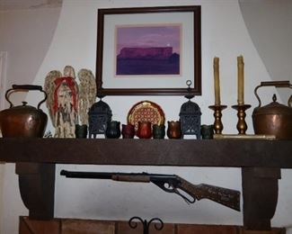 Fireplace mantle with 2 copper tea pots - Candle Holders - Wooden Angel