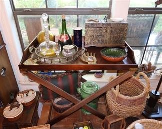 Vintage Mahogany Serving Portable Tray with Stand - Brass Serving Tray - Treasure Box in Brass - Crystal Decanter- Home Decor