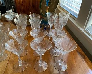 Cambridge Wildflower gold trim stemware