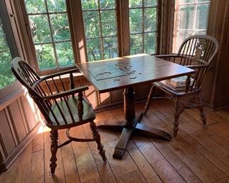 Pedestal table with 2 Conant Ball oak Windsor chairs