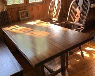 Large oak dining table with 2 tall Conant ball oak Windsor chairs