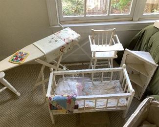 Vintage children’s ironing board, baby bed, high chair, & hanging shelf
