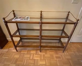 Three shelf wood and glass console