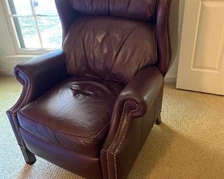 Leather reclining wing chair by Randall Allen