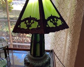 PEH green slag glass lamp. It works but needs work to hold glass panels in place