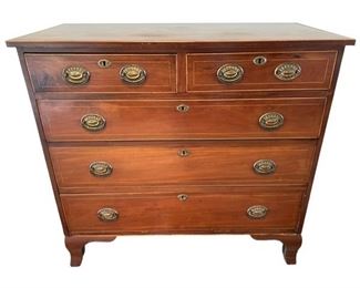 $800 - Antique 5 Drawer Bachelor Chest Dresser Inlaid & Banded CD131-59 Description: Mahogany rectangular top with banded veneer edge, light wood line inlay highlights, two over three graduated flush drawers, inlaid escutcheon, shaped bracket foot base.
Condition: Excellent condition
Dimensions: 40 x 19 x 37.5"H
Local pick up Leesburg, VA. Contact us for shipper suggestions.