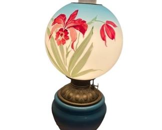 $900 - Vintage Victorian Iris Bulb Lamp CD131-32 Description: Gorgeous VICTORIAN IRIS in RARE COLORS ~ It is a very nice example of late 19th Century American oil lamps. This lamp is fully decorated on both sides as shown in the pictures and wired for convenience. Very fancy font ring and base.
Condition: In very good vintage condition.
Dimensions: 6 x 6 x 21"H
Local pick up Leesburg, VA. Contact us for shipper suggestions.