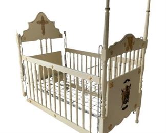 $1500 - Antique Royal White Four Poster White & Gold Baby Crib CD131-54 Description: A royal place for your new baby to rest. This four poster crib is a stunning example of luxury. Hand painted white with gold detailing, scalloped apron, finial posts, gold cross headboard and crested and personalized footboard.
Condition: Used in very good condition.
Dimensions: 54 x 31 x 61"H
Local pick up Leesburg, VA. Contact us for shipper suggestions.