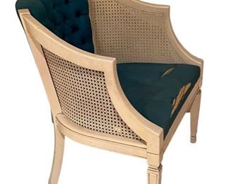 $150 - Vintage Cane Back Barrel Mid Century Chair CD131-43 Description: Beautiful vintage cane barrel back chair with brilliant blue tufted upholstery. This piece when reupholstered will be an exquisite piece to add style to any room.
Condition: Caning is beautiful. Needs new upholstery.
Dimensions: 25 x 24 x 30"H
Local pick up Leesburg, VA. Contact us for shipper suggestions.