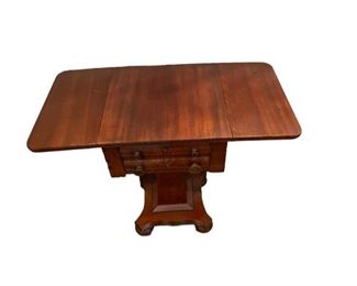 $750 - Antique Drop Leaf Accent Table w/2 Drawers CD131-28 Description: A beautiful Antique 19th Century American Empire Drop-Leaf Table in flame mahogany. There are two working drawers. Lovely rich patina!!! Can be used as a bedside table or in a formal/informal setting.
Condition: Used in good vintage condition. Minor signs of wear expected with age and use.
Dimensions: 34 x 17 x 28"H
Local pick up Leesburg, VA. Contact us for shipper suggestions.