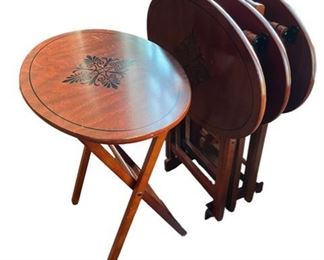$100 -Set of 4 Folding TV Tables/Wood Tables CD131-16 Description: Remember when? These TV trays/tables are upgraded wih a lovely painted leafy center medallion. Perfect for movie night!
Condition: Very good condition.
Dimensions: 23 x 16 x 27 in
Local pick up Leesburg, VA. Contact us for shipper suggestions.