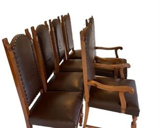 $1500 - 6 Leather Gothic Style Dining Chairs w Large Nail Head Trim CD131-12 Description: If you appreciate the design gravity of the French Gothic style then this handsome set of six antique French dining chairs arm and side chairs in the Gothic style is bound to make a great first impression. The beauty of these chairs is in the classically simple shape, the sturdy construction and the subtle details. Notice the carved finials topping the chair posts which create an attractive and rather noble silhouette. The legs and stretchers boast grooved accents. The upholstery is a lovely brown leather on both the seat and the chair back. Take a close look at the unusually decorative and ornate trim These chairs certainly have class and an old world charm.
Condition: Used in very good condition.
Dimensions: 20 x 20 x 47"H
Local pick up Leesburg, VA. Contact us for shipper suggestions.
