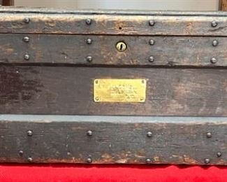 Antique 1800's Flat Top Streamer Trunk Eagle Lock Company “ No Key”
