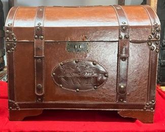 Leather Covered National Wild Turkey Foundation Box 2
This is NOT an antique trunk. This is a wooden box covered with leather and was made expressly for National Wild Turkey Foundation in Edgefield, SC.

*Please note we can ship this item although it is marked pickup only, just know there will be additional costs.

21L x 13D x 17H