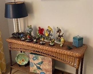 Wicker Table 
Assorted Bird Figurines 